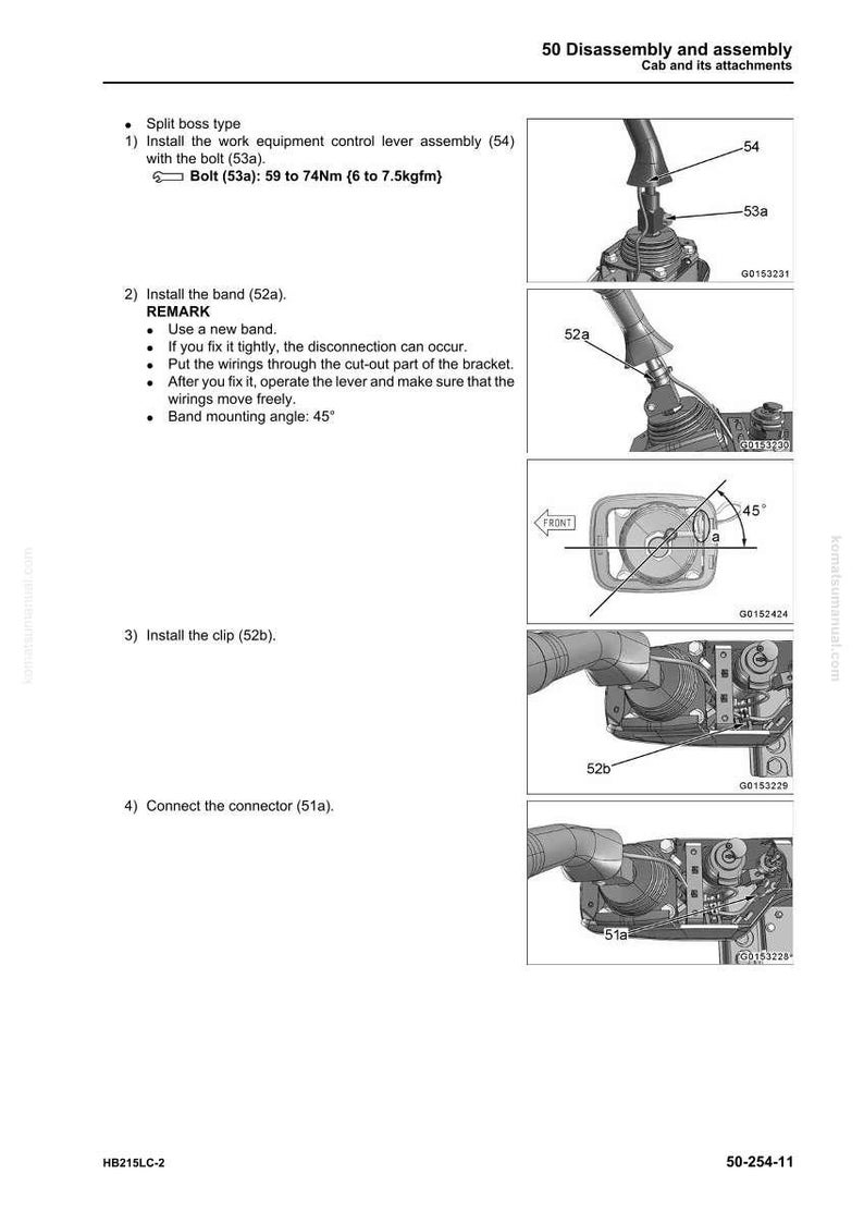 May include: Diagram showing cab and attachment disassembly and assembly instructions. Includes illustrations of parts such as a control lever assembly, bolt, band, clip, and connector. Text includes torque specifications and assembly steps.