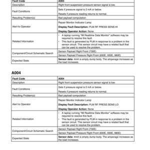 May include: A troubleshooting guide page with fault codes A003 and A004. Each code includes a description, fault conditions, resulting problems, and related information. The text details sensor issues and required actions.