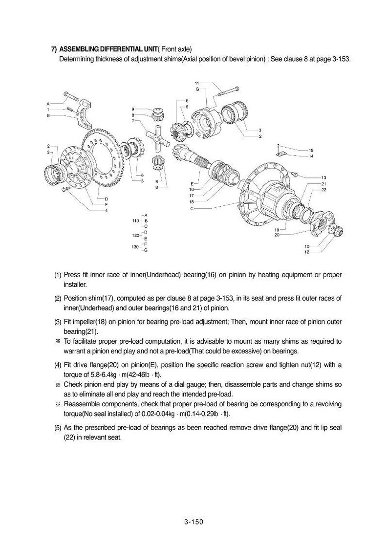 Może przedstawiać: Schemat montażowy mechanizmu r&oacute;żnicowego, oś przednia, przedstawiający r&oacute;żne elementy mechaniczne. Obraz zawiera tekst z instrukcjami montażu, z pomiarami w kg.m i lb-ft.
