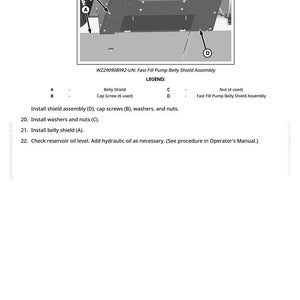 K&ouml;nnte beinhalten: Diagramm der Fast Fill Pump Belly Shield Assembly mit Beschriftungen f&uuml;r Belly Shield, Cap Screws, Nuts und Fast Fill Pump Belly Shield Assembly. Enth&auml;lt Anweisungen zur Installation und Wartung.