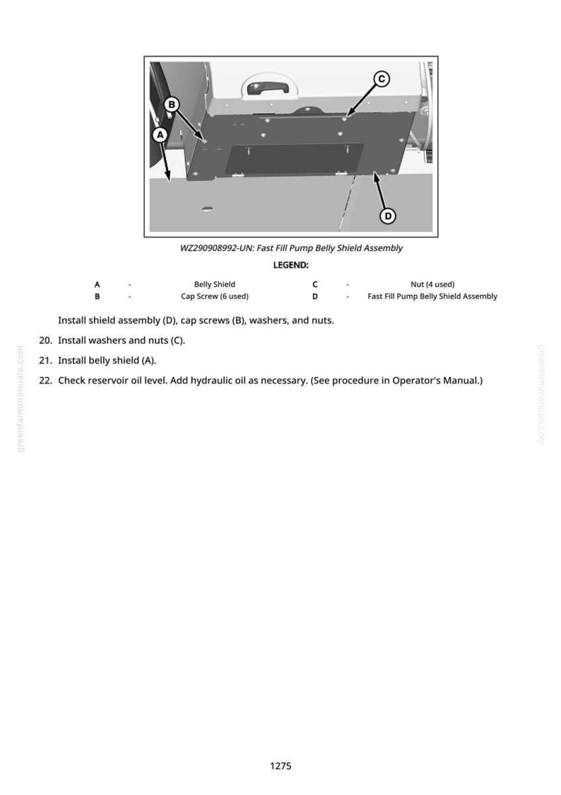 K&ouml;nnte beinhalten: Diagramm der Fast Fill Pump Belly Shield Assembly mit Beschriftungen f&uuml;r Belly Shield, Cap Screws, Nuts und Fast Fill Pump Belly Shield Assembly. Enth&auml;lt Anweisungen zur Installation und Wartung.