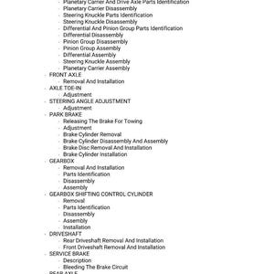Puede incluir: Una lista detallada de los procedimientos de reparaci&oacute;n de autom&oacute;viles, que incluye el eje de transmisi&oacute;n, la r&oacute;tula de direcci&oacute;n y el mantenimiento del sistema de frenos. El documento basado en texto describe los pasos para el desmontaje, la extracci&oacute;n y la instalaci&oacute;n de varios componentes.