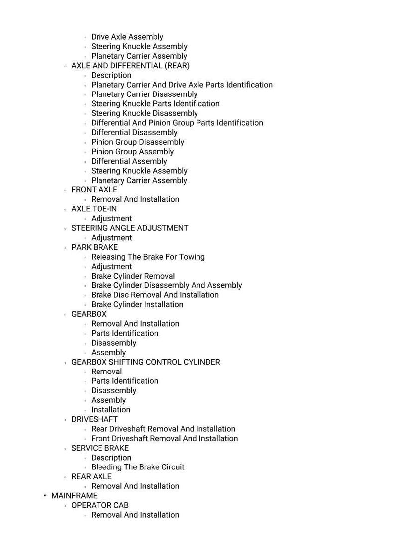 Puede incluir: Una lista detallada de los procedimientos de reparaci&oacute;n de autom&oacute;viles, que incluye el eje de transmisi&oacute;n, la r&oacute;tula de direcci&oacute;n y el mantenimiento del sistema de frenos. El documento basado en texto describe los pasos para el desmontaje, la extracci&oacute;n y la instalaci&oacute;n de varios componentes.