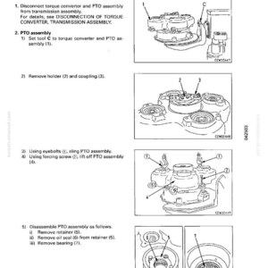 K&ouml;nnte beinhalten: Diagramm zur Demontage der Drehmomentwandlerbaugruppe, mit nummerierten Schritten und Illustrationen. Enth&auml;lt Diagramme der PTO-Baugruppe, Augenschrauben und Halterungskomponenten. Text enth&auml;lt Anweisungen zum Entfernen von Teilen.