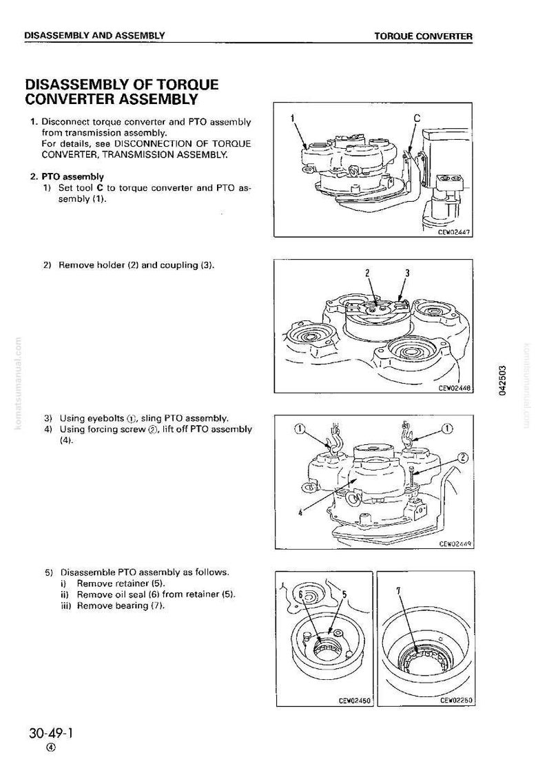 K&ouml;nnte beinhalten: Diagramm zur Demontage der Drehmomentwandlerbaugruppe, mit nummerierten Schritten und Illustrationen. Enth&auml;lt Diagramme der PTO-Baugruppe, Augenschrauben und Halterungskomponenten. Text enth&auml;lt Anweisungen zum Entfernen von Teilen.