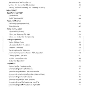 Peut inclure: Une table des mati&egrave;res d&eacute;taill&eacute;e d'un manuel, &eacute;num&eacute;rant les sujets de r&eacute;paration et d'entretien des moteurs. Les sujets comprennent les sp&eacute;cifications du moteur, l'emplacement des composants et les sympt&ocirc;mes de d&eacute;pannage. Le num&eacute;ro de page est visible.