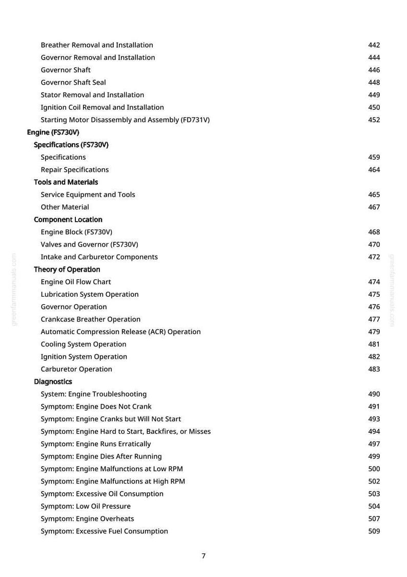 Peut inclure: Une table des mati&egrave;res d&eacute;taill&eacute;e d'un manuel, &eacute;num&eacute;rant les sujets de r&eacute;paration et d'entretien des moteurs. Les sujets comprennent les sp&eacute;cifications du moteur, l'emplacement des composants et les sympt&ocirc;mes de d&eacute;pannage. Le num&eacute;ro de page est visible.