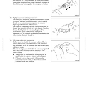 Puede incluir: P&aacute;gina de un manual con instrucciones de soluci&oacute;n de problemas y precauciones de mantenimiento. El texto incluye detalles sobre desconexiones de cableado, entrada de agua en conectores y problemas relacionados con aceite o grasa. Los diagramas ilustran cada punto.