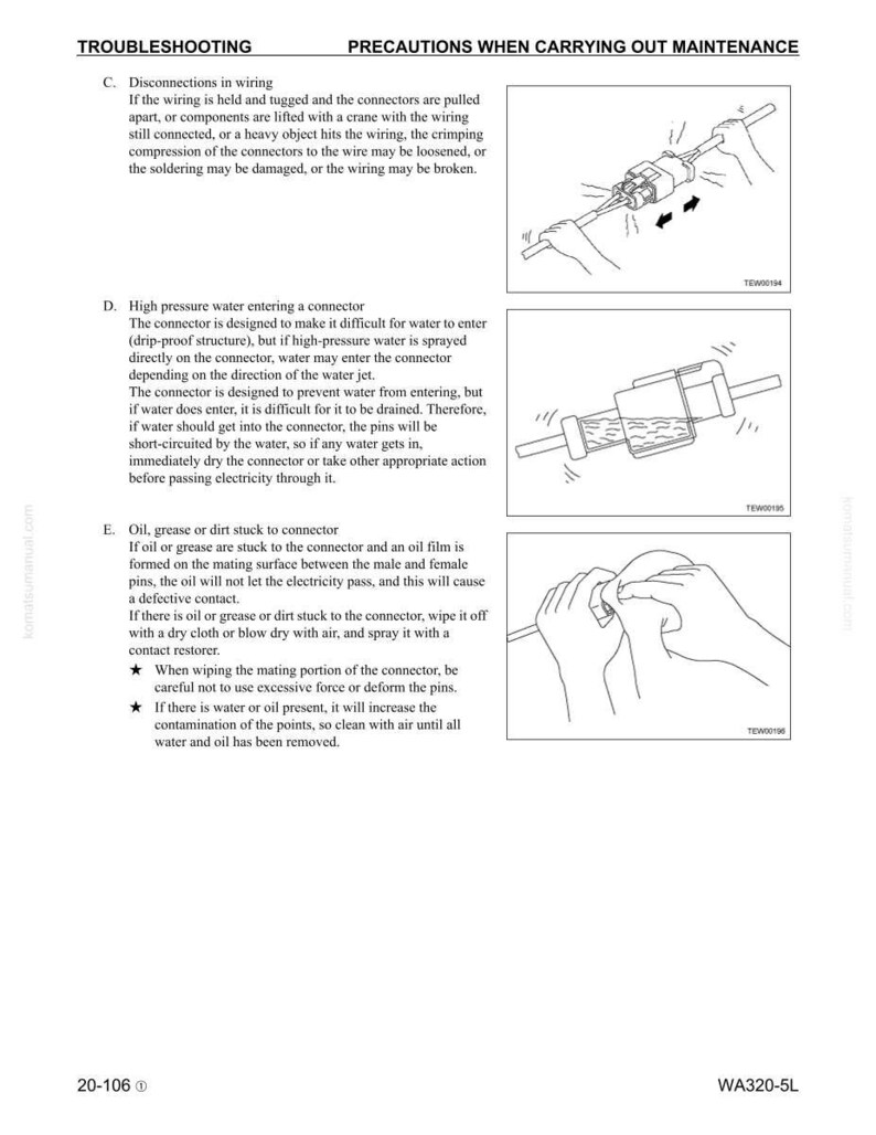 Puede incluir: P&aacute;gina de un manual con instrucciones de soluci&oacute;n de problemas y precauciones de mantenimiento. El texto incluye detalles sobre desconexiones de cableado, entrada de agua en conectores y problemas relacionados con aceite o grasa. Los diagramas ilustran cada punto.