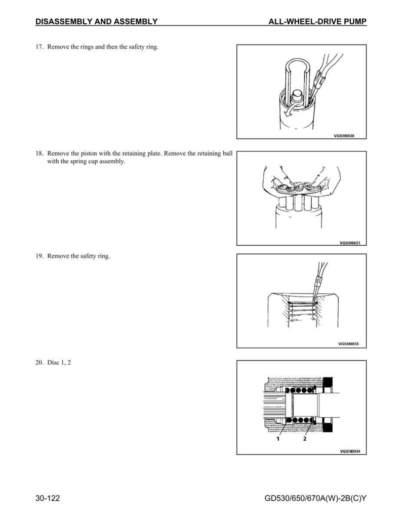 May include: Diagram of an all-wheel-drive pump disassembly and assembly process. The image includes detailed illustrations of removing rings, safety rings, pistons, and discs. Text includes instructions and part numbers.