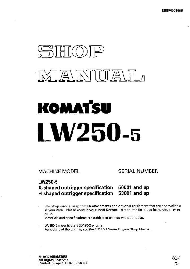 Puede incluir: Manual de taller blanco para una m&aacute;quina Komatsu LW250-5. La portada presenta el t&iacute;tulo "SHOP MANUAL" en negrita, junto con el logotipo de Komatsu y la informaci&oacute;n del modelo. Incluye especificaciones y n&uacute;meros de serie.