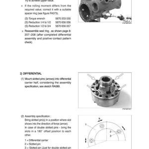 May include: Technical diagram with images of mechanical components and assembly instructions. Includes torque wrench specifications, differential carrier details, and slotted pin placement guidance. The diagram also shows a pinion bearing and seal ring.