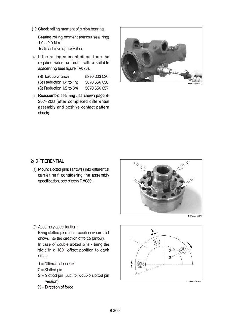 May include: Technical diagram with images of mechanical components and assembly instructions. Includes torque wrench specifications, differential carrier details, and slotted pin placement guidance. The diagram also shows a pinion bearing and seal ring.