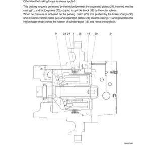 May include: Detailed diagram of a parking brake mechanism, with labeled components including plates, pistons, and springs. The diagram is in black and white, with lines and numbers indicating various parts.