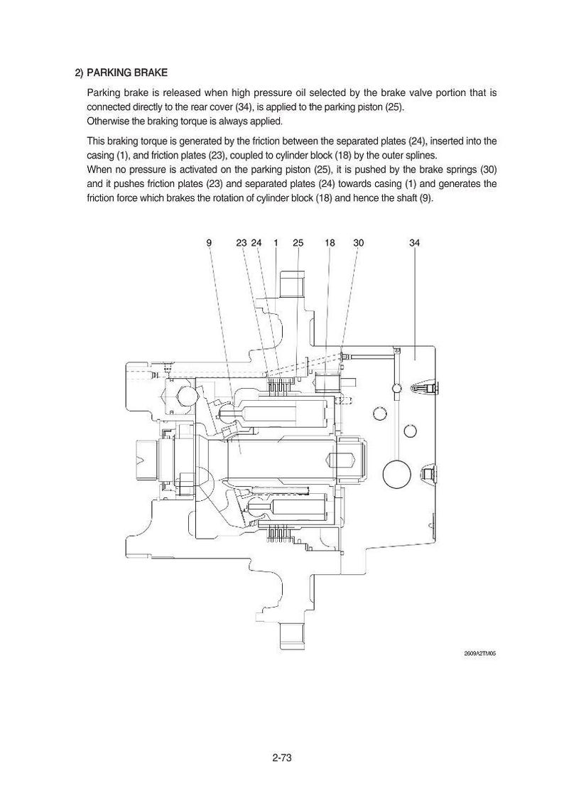 May include: Detailed diagram of a parking brake mechanism, with labeled components including plates, pistons, and springs. The diagram is in black and white, with lines and numbers indicating various parts.
