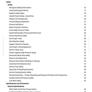 May include: A black and white image of a table of contents from a manual. The table lists safety topics, including recognizing safety information, avoiding fires, and handling fluids safely. The page numbers are listed on the right.