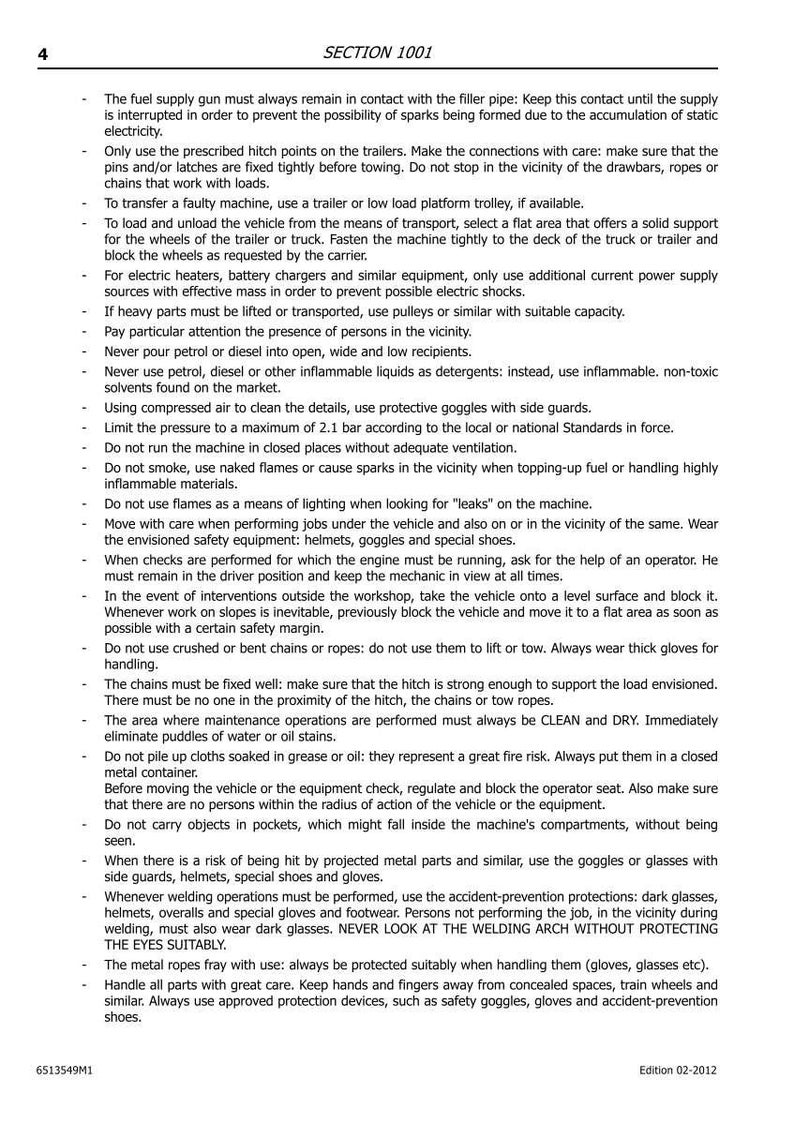 K&ouml;nnte beinhalten: Eine Seite aus einem Handbuch mit Sicherheitsanweisungen, betitelt mit "SECTION 1001". Der Text enth&auml;lt Richtlinien f&uuml;r die Fahrzeugwartung, einschlie&szlig;lich Vorsichtsma&szlig;nahmen f&uuml;r den Umgang mit Kraftstoff, Schwei&szlig;en und allgemeine Sicherheit. Ausgabe 02-2012.