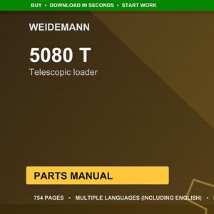 May include: A digital document cover with the Weidemann logo and "5080 T" text. The document is labeled "Telescopic loader" and "Parts Manual." The cover is brown and gold with a green header that says "Buy - Download in seconds - Start work."