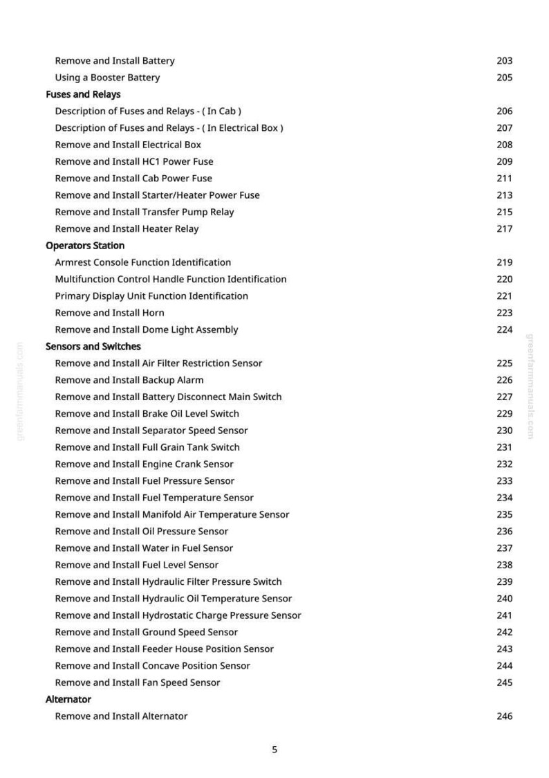 Peut inclure: Une page de manuel avec une liste de proc&eacute;dures de r&eacute;paration automobile. Le texte comprend des instructions pour retirer et installer divers composants, tels que des fusibles, des relais, des capteurs et des interrupteurs. Le num&eacute;ro de page est 5.