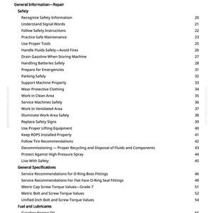 May include: A white page titled "Table of Contents" from a manual. The text lists safety topics, including "Recognize Safety Information" and "Handle Fluids Safely." Other sections cover repair, general specifications, and fuel/lubricants.
