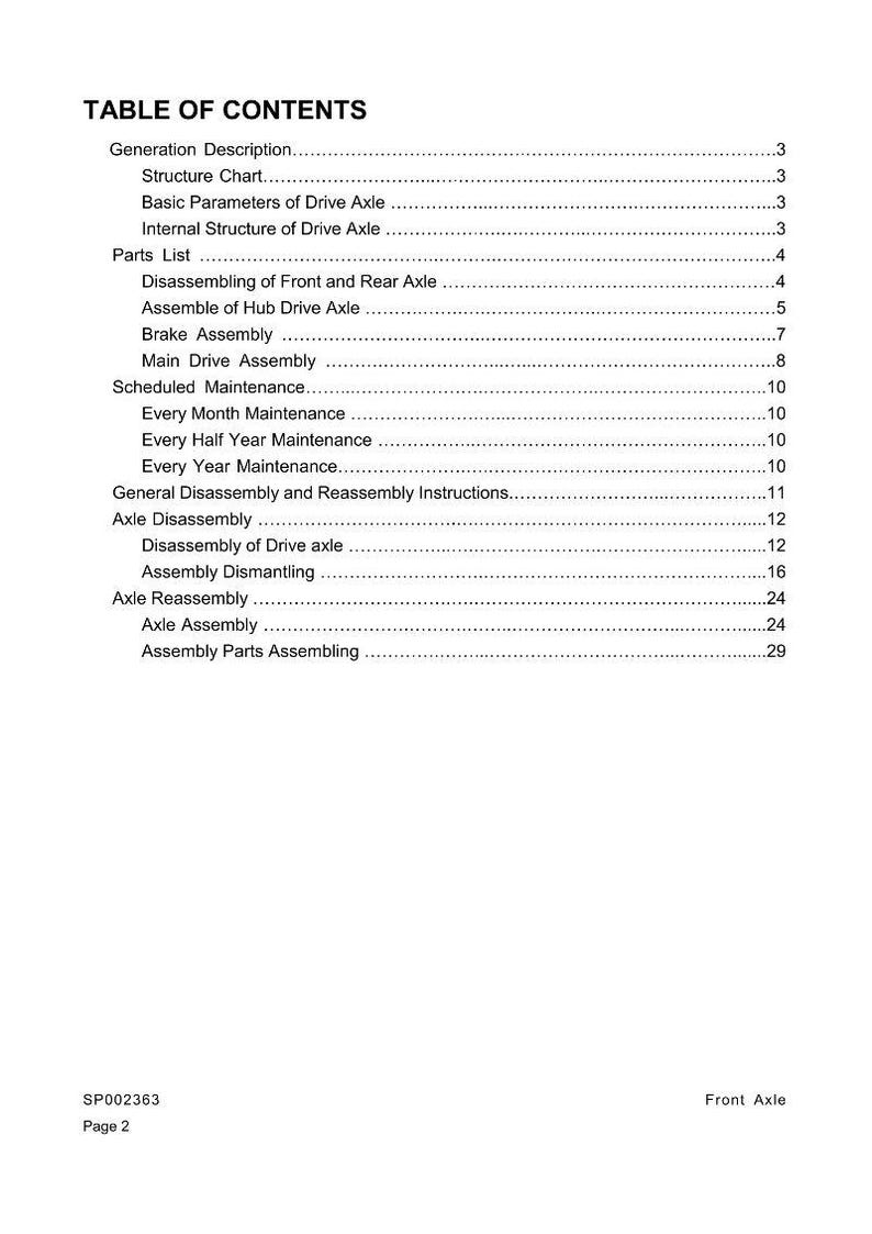 Pu&ograve; includere: Una pagina bianca con il titolo "SOMMARIO" in alto. La pagina elenca varie sezioni tra cui "Descrizione della generazione", "Diagramma della struttura" e "Assemblaggio dell'asse". Il documento &egrave; etichettato come "Assale anteriore" in basso.
