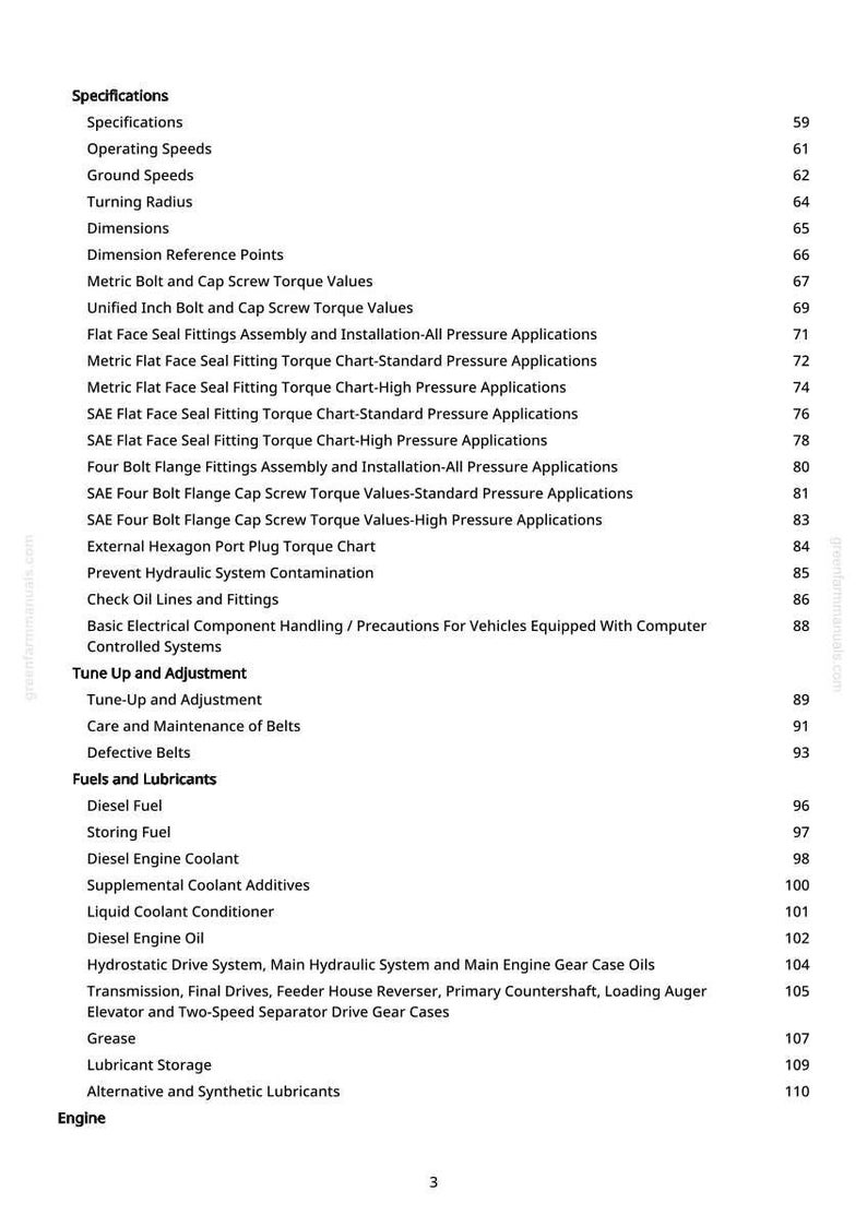 Puede incluir: Una p&aacute;gina blanca de un manual, que enumera especificaciones, velocidades de funcionamiento y dimensiones. El &iacute;ndice incluye secciones sobre combustibles, lubricantes y componentes del motor. El n&uacute;mero de p&aacute;gina es 3.