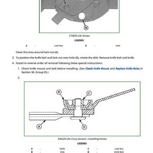 May include: Diagrams illustrating knife installation, including a cross-section view. The image includes labels for lock nuts, knife bolts, and other components, with instructions for assembly and maintenance.