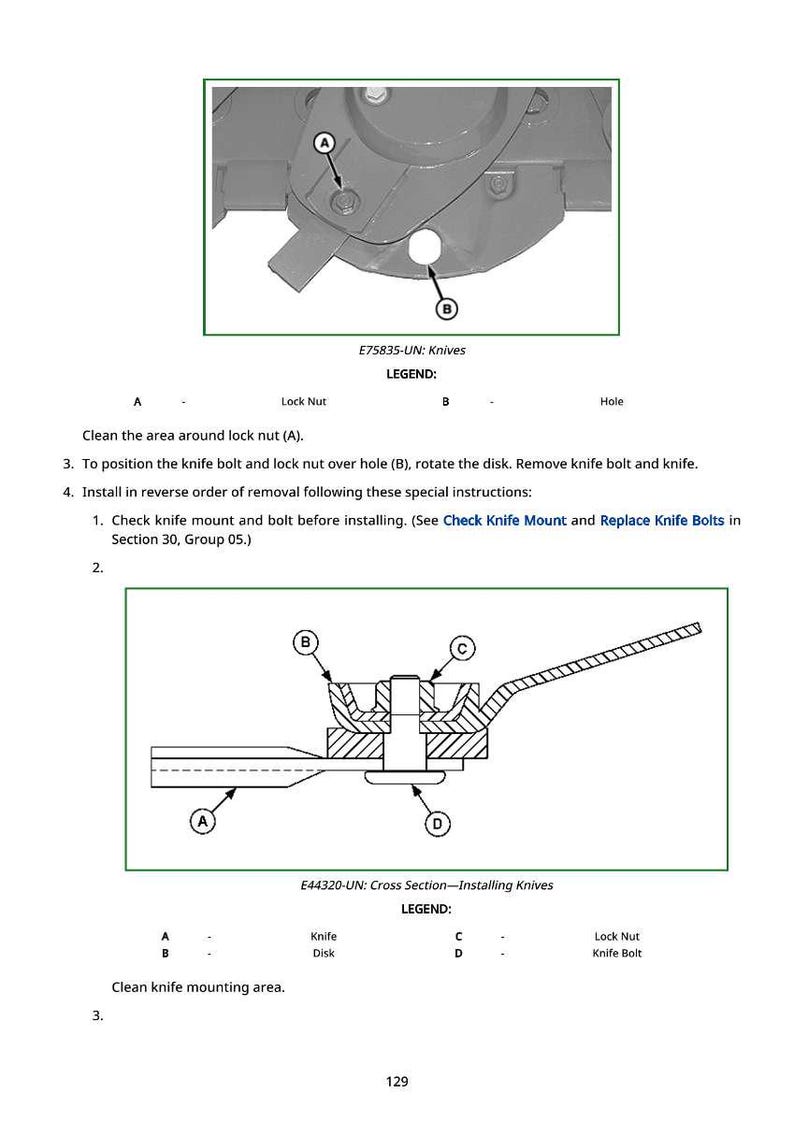 May include: Diagrams illustrating knife installation, including a cross-section view. The image includes labels for lock nuts, knife bolts, and other components, with instructions for assembly and maintenance.