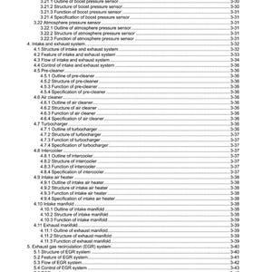 Puede incluir: Una detallada tabla de contenidos de un manual, con varios componentes de sistemas automotrices enumerados. El texto est&aacute; en fuente negra sobre un fondo blanco, incluyendo secciones sobre sensores, escape y sistemas de admisi&oacute;n.