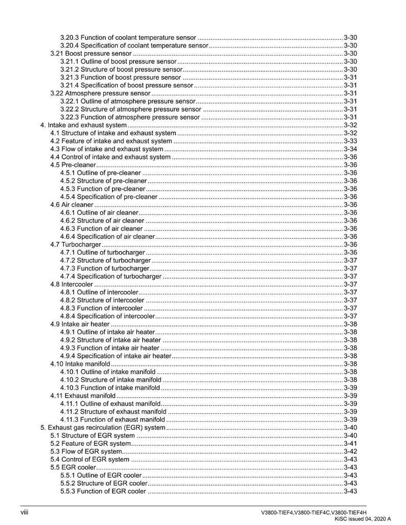 Puede incluir: Una detallada tabla de contenidos de un manual, con varios componentes de sistemas automotrices enumerados. El texto est&aacute; en fuente negra sobre un fondo blanco, incluyendo secciones sobre sensores, escape y sistemas de admisi&oacute;n.