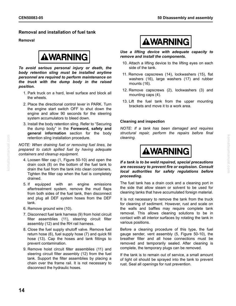 Op de afbeelding: Een pagina uit een Komatsu-handleiding, CEN50083-05, met details over het verwijderen en installeren van een brandstoftank. Bevat veiligheidswaarschuwingen, genummerde stappen en diagrammen voor de procedure. Tekst in zwarte letter.