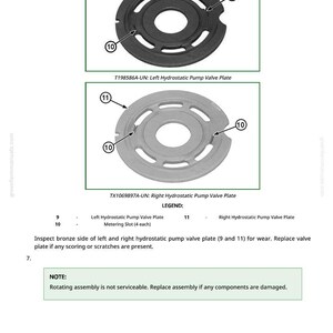May include: Diagram of two hydrostatic pump valve plates. The top plate is black, labeled T198586A-UN, and the bottom plate is silver, labeled TX1069897A-UN. Both plates have circular designs with multiple holes and are labeled with numbers.