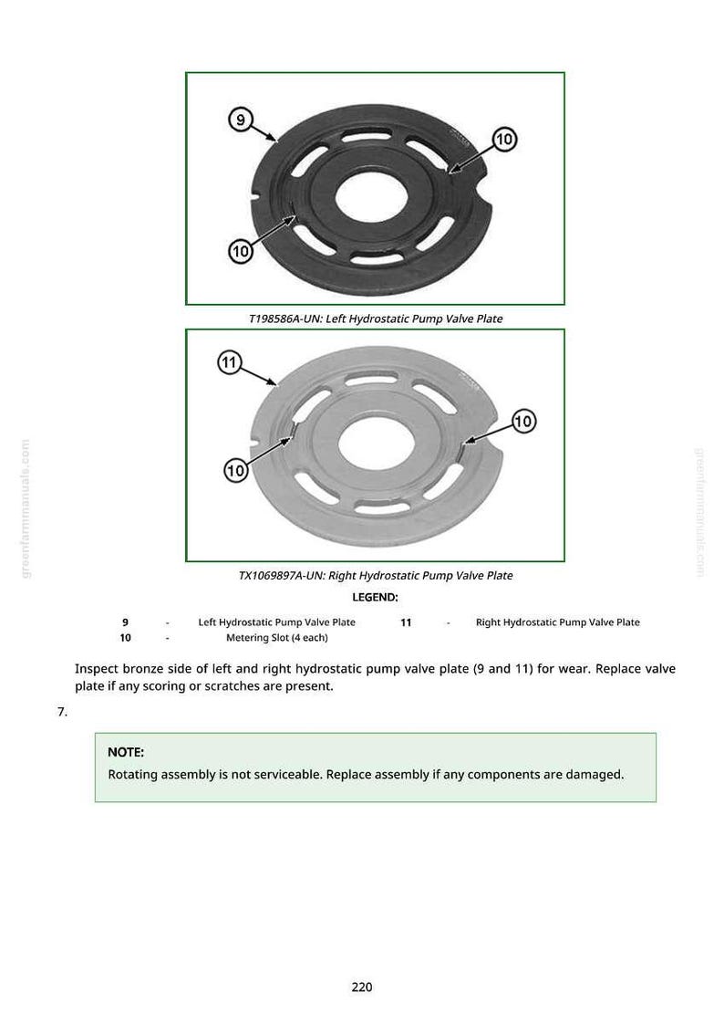 May include: Diagram of two hydrostatic pump valve plates. The top plate is black, labeled T198586A-UN, and the bottom plate is silver, labeled TX1069897A-UN. Both plates have circular designs with multiple holes and are labeled with numbers.