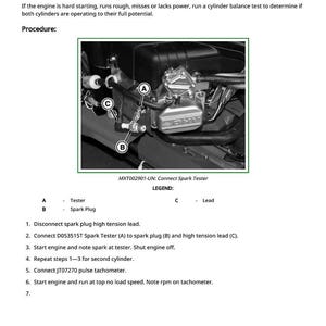May include: Image of a V-Twin engine with a cylinder balance test setup. The image includes a tester, spark plug, and lead connected to the engine. Text explains the procedure for testing cylinder balance.
