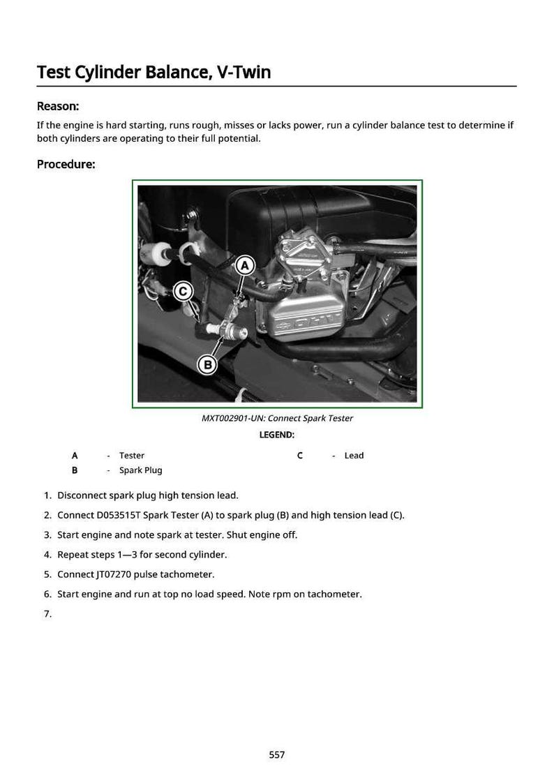 May include: Image of a V-Twin engine with a cylinder balance test setup. The image includes a tester, spark plug, and lead connected to the engine. Text explains the procedure for testing cylinder balance.