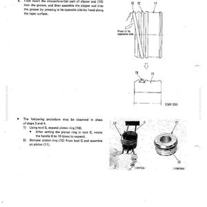K&ouml;nnte beinhalten: Diagramm zur Demontage und Montage eines Hydraulikzylinders. Enth&auml;lt Illustrationen von Gleitdichtungen, Kolbenringen und Werkzeugen. Textanweisungen beschreiben detailliert den Montageprozess, mit Ma&szlig;en in cm.