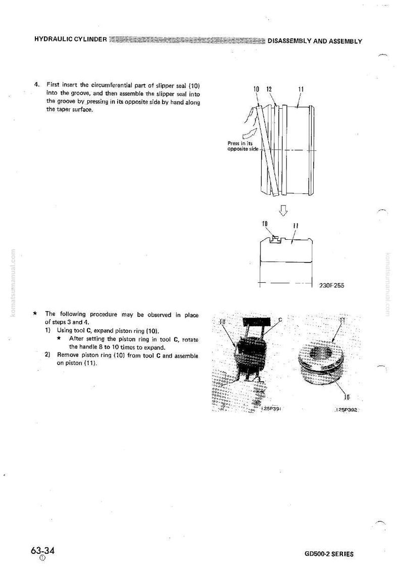 K&ouml;nnte beinhalten: Diagramm zur Demontage und Montage eines Hydraulikzylinders. Enth&auml;lt Illustrationen von Gleitdichtungen, Kolbenringen und Werkzeugen. Textanweisungen beschreiben detailliert den Montageprozess, mit Ma&szlig;en in cm.