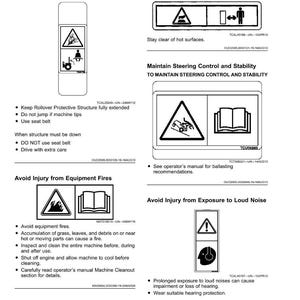 May include: A page of safety labels with black and white warning symbols. The labels warn against crushing, hot surfaces, and equipment fires. Other labels advise on maintaining steering control and avoiding loud noise exposure.