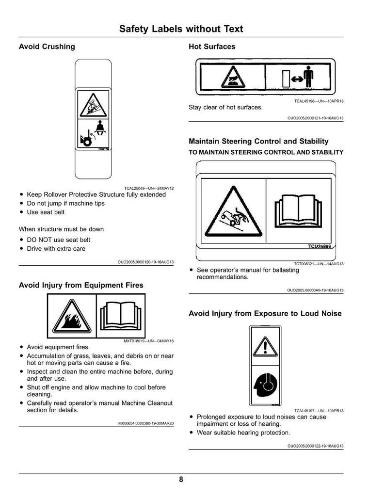 May include: A page of safety labels with black and white warning symbols. The labels warn against crushing, hot surfaces, and equipment fires. Other labels advise on maintaining steering control and avoiding loud noise exposure.