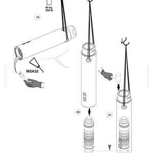 May include: Technical diagram illustrating Komatsu machinery components. It features a cylindrical part suspended by cables, a warning sign indicating a 95 kg weight limit, and assembly steps. The image includes the text "MSA32".