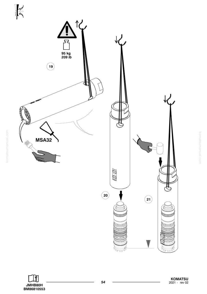 May include: Technical diagram illustrating Komatsu machinery components. It features a cylindrical part suspended by cables, a warning sign indicating a 95 kg weight limit, and assembly steps. The image includes the text "MSA32".