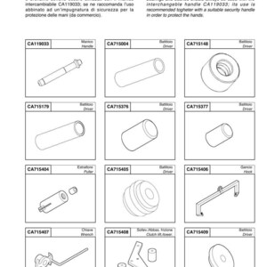 May include: Diagram of special tools, including drivers, pullers, and a hook, for automotive repair. The tools are labeled with part numbers and descriptions, such as "Handle" and "Wrench."