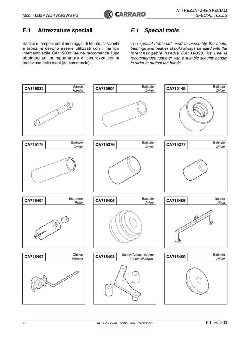 May include: Diagram of special tools, including drivers, pullers, and a hook, for automotive repair. The tools are labeled with part numbers and descriptions, such as "Handle" and "Wrench."