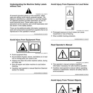 May include: A page from an operator's manual with safety labels and warnings. The page includes diagrams and text explaining how to avoid injury from loud noise, equipment fires, and thrown objects. The manual also advises reading the operator's manual.