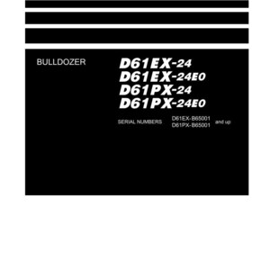 Op de afbeelding: Zwart-wit werkplaatshandboek voor een bulldozer. De handleiding bevat de tekst "Shop Manual" en "BULLDOZER". Modelnummers D61EX-24, D61EX-24E0, D61PX-24 en D61PX-24E0 worden vermeld. Het Komatsu-logo staat onderaan.