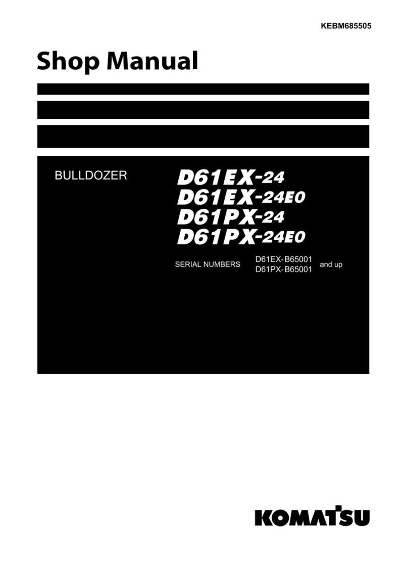 Op de afbeelding: Zwart-wit werkplaatshandboek voor een bulldozer. De handleiding bevat de tekst "Shop Manual" en "BULLDOZER". Modelnummers D61EX-24, D61EX-24E0, D61PX-24 en D61PX-24E0 worden vermeld. Het Komatsu-logo staat onderaan.