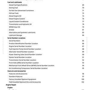 Puede incluir: Una p&aacute;gina de manual con un &iacute;ndice detallado. Las secciones incluyen combustible, lubricantes, n&uacute;meros de serie y reparaci&oacute;n del motor. Los n&uacute;meros de p&aacute;gina se enumeran a la derecha.