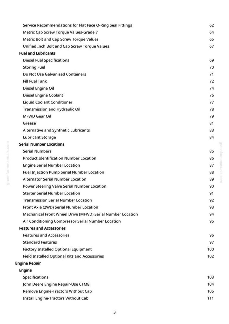 Puede incluir: Una p&aacute;gina de manual con un &iacute;ndice detallado. Las secciones incluyen combustible, lubricantes, n&uacute;meros de serie y reparaci&oacute;n del motor. Los n&uacute;meros de p&aacute;gina se enumeran a la derecha.
