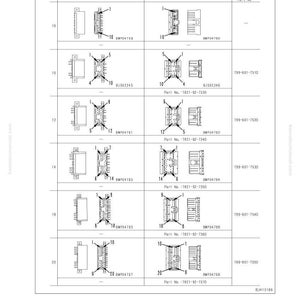 May include: Diagram of AMP070 type connectors, detailing male and female housings with pin numbers. Includes part numbers and a connection table for connector pin numbers. Text at the top reads "TESTTING AND ADJUSTING" and "CONNECTION TABLE FOR CONNECTOR PIN NUMBERS."