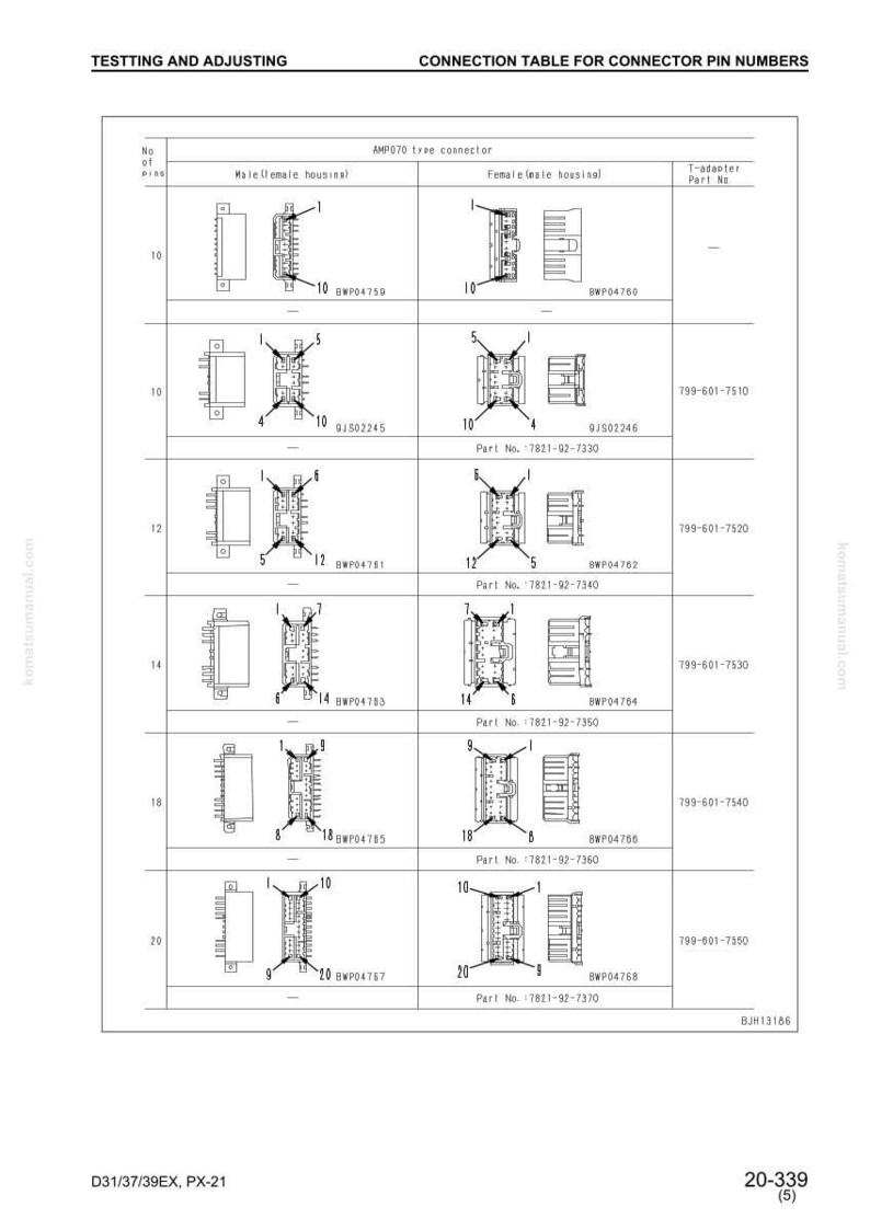 May include: Diagram of AMP070 type connectors, detailing male and female housings with pin numbers. Includes part numbers and a connection table for connector pin numbers. Text at the top reads "TESTTING AND ADJUSTING" and "CONNECTION TABLE FOR CONNECTOR PIN NUMBERS."